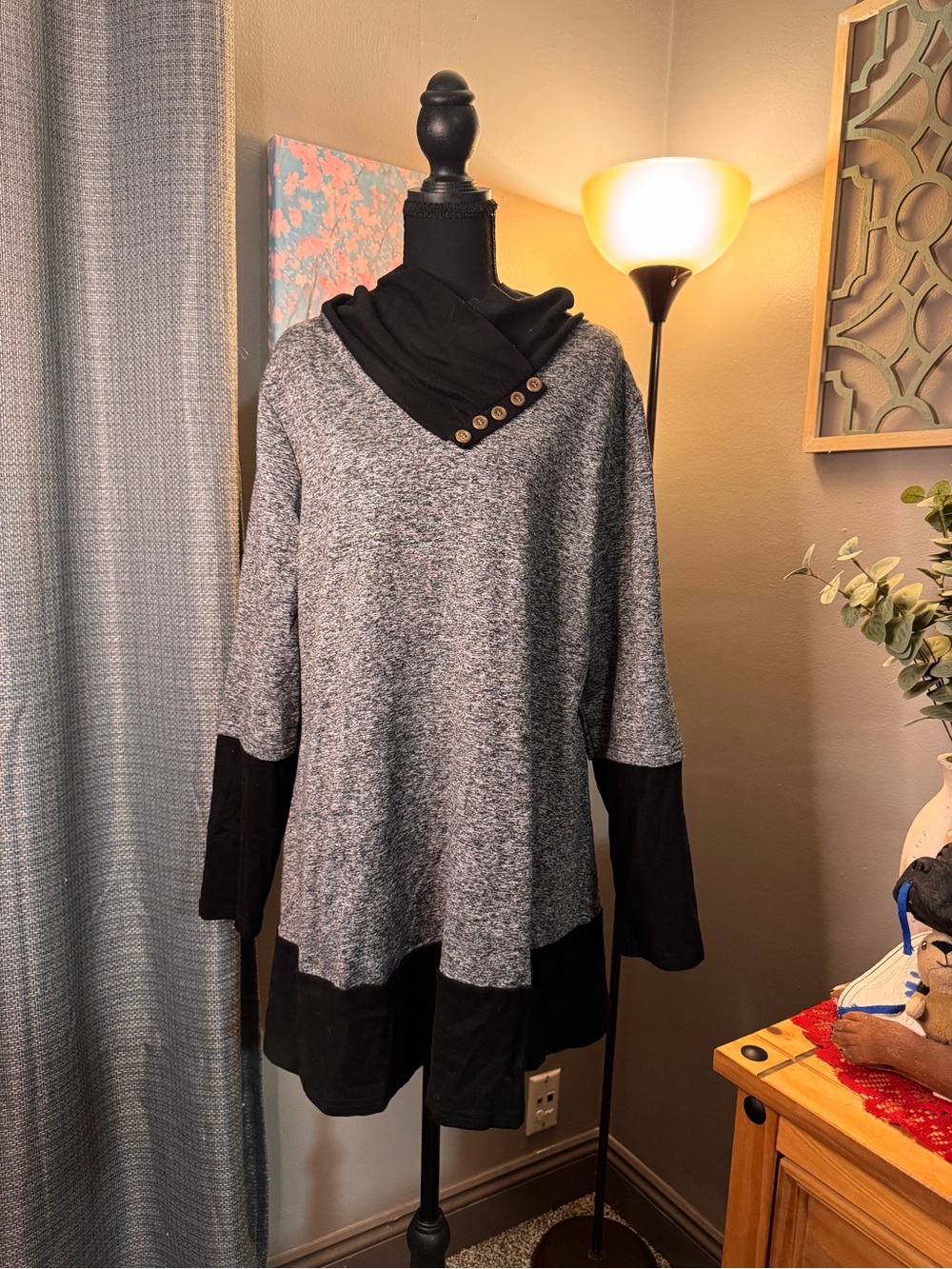 Gray and Black Long Sleeve Tunic with Buttoned Cowl Neck